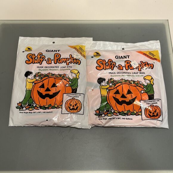 Vintage 1990 Halloween Giant Stuff A Pumpkin Lawn Leaf Bag; 2 LARGE BAGS - Picture 1 of 4